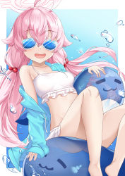 Rule 34 | 1girl, absurdres, ahoge, bare legs, bikini, blue archive, blush, breasts, deogho (liujinzy9854), fang, frilled bikini, frills, hair ornament, happy, heterochromia, highres, hoshino (blue archive), hoshino (swimsuit) (blue archive), inflatable toy, inflatable whale, long hair, navel, open mouth, pink hair, sitting, small breasts, smile, solo, sunglasses, swimsuit, twintails, white bikini