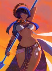Rule 34 | 1girl, absurdres, arm behind head, blue eyes, blue hair, breasts, candace (genshin impact), closed mouth, cloud, dark-skinned female, dark skin, distr, egyptian clothes, eye of horus, genshin impact, heterochromia, highres, holding, holding polearm, holding weapon, looking at viewer, medium breasts, navel, orange sky, polearm, short hair with long locks, sky, solo, stomach, weapon, yellow eyes