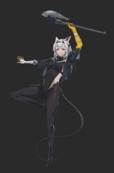 Rule 34 | 1girl, absurdres, animal ears, arknights, axe, black background, black hairband, black jacket, black pantyhose, black shirt, breasts, eaxlightway, gloves, grey hair, hairband, highres, holding, holding axe, jacket, looking at viewer, medium hair, mouse ears, mouse girl, mouse tail, orange eyes, pantyhose, scavenger (arknights), scavenger (survive) (arknights), shirt, simple background, small breasts, solo, standing, standing on one leg, tail, yellow gloves