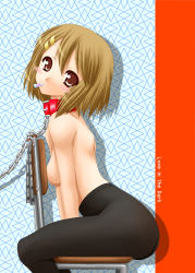 Rule 34 | 1girl, akanako, ass, bdsm, blush, bondage, bound, breasts, brown eyes, brown hair, censored, chain, collar, convenient censoring, female focus, from side, hirasawa yui, k-on!, looking at viewer, pantyhose, short hair, slave, solo, topless