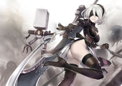 Rule 34 | 1girl, android, ass, bad id, bad pixiv id, black dress, black thighhighs, blindfold, boots, breasts, dress, gloves, hairband, heelio, heirou, high heels, huge weapon, katana, looking back, mole, mole under mouth, nier:automata, nier (series), parted lips, pod (nier:automata), robot, shiny clothes, shiny skin, short hair, solo, sword, thigh boots, thighhighs, thighs, weapon, white hair, 2b (nier:automata)
