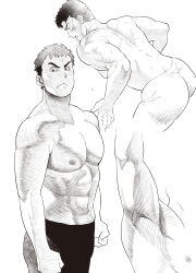 Rule 34 | 1boy, abs, absurdres, armpits, ass, bara, blush, chabashira tatsukichi, collage, cropped legs, frown, greyscale, highres, large pectorals, looking at viewer, male focus, monochrome, muscular, muscular male, navel, nipples, original, pectorals, short hair, sideburns, stomach, sweat, topless male, white background