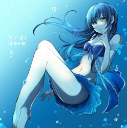 Rule 34 | 10s, 1girl, bare legs, bare shoulders, barefoot, blue background, blue hair, blue theme, breasts, bubble, dated, earrings, finger to mouth, jewelry, kamekoya sato, long hair, love live!, love live! school idol festival, love live! school idol project, midriff, navel, small breasts, solo, sonoda umi, underwater, yellow eyes