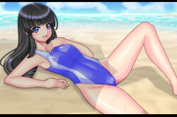 Rule 34 | 1girl, artist request, barefoot, beach, black hair, blue eyes, blue one-piece swimsuit, blush, breasts, collarbone, competition swimsuit, digimon, female focus, hand on own chest, long hair, looking at viewer, ocean, one-piece swimsuit, open mouth, original, sand, small breasts, smile, solo, swimsuit, water