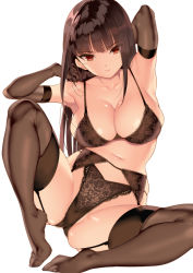 Rule 34 | 1girl, armpits, arms behind head, arms up, black bra, black gloves, black panties, bra, breasts, brown hair, cleavage, closed mouth, collarbone, commentary request, elbow gloves, floral print, full body, garter belt, garter straps, gloves, large breasts, lingerie, lips, long hair, looking at viewer, navel, original, panties, red eyes, saburou (hgmg), shiny clothes, shiny skin, simple background, sitting, solo, stomach, thighhighs, thighs, underwear, underwear only