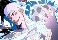 Rule 34 | 1boy, artist name, bandana, blonde hair, blue eyes, electricity, enel, fingernails, highres, long earlobes, looking at viewer, male focus, mygiorni, one piece, solo, tomoe (symbol), topless male, upper body