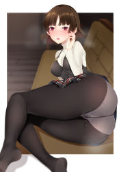 Rule 34 | 10s, 1girl, ass, black pantyhose, blurry, braid, brown hair, commentary request, couch, crotch seam, depth of field, highres, kippuru, looking at viewer, lying, niijima makoto, no shoes, on side, open mouth, panties, panties under pantyhose, pantyhose, persona, persona 5, pussy juice, pussy juice stain, school uniform, short hair, skirt, smell, solo, steaming body, sweat, thighs, underwear