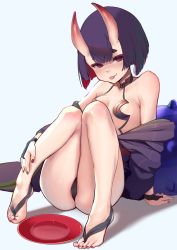 Rule 34 | 1girl, absurdres, alcohol, areola slip, arm support, ass, bare legs, bare shoulders, barefoot, blush, bob cut, breasts, bridal gauntlets, chocpocalypse, commentary, cup, english commentary, eyeshadow, fate/grand order, fate (series), feet, hair between eyes, halterneck, heart, heart-shaped pupils, highres, horns, huge filesize, japanese clothes, jewelry, kimono, knees together feet apart, knees up, looking at viewer, makeup, nail polish, narrowed eyes, off shoulder, oni, purple eyes, purple hair, purple kimono, red eyeshadow, red nails, red pupils, revealing clothes, sakazuki, sake, short hair, short kimono, shuten douji (fate), sitting, skin-covered horns, small breasts, smile, solo, symbol-shaped pupils, thick eyebrows, toe ring, toenail polish, toenails, toes, tongue, tongue out