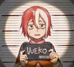 Rule 34 | 1girl, bags under eyes, barbie (franchise), barbie (live action), barbie mugshot (meme), brown capelet, capelet, character name, hair between eyes, hands up, height mark, holding, holding sign, looking at viewer, made in abyss, meme, mugshot, multicolored hair, open mouth, red eyes, red hair, sansanpai, sign, solo, straight-on, streaked hair, sweatdrop, upper body, vueko, white hair