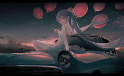 Rule 34 | 1girl, aqua eyes, back, balloon, bare legs, blue hair, breasts, car, city, city lights, cityscape, classic, clear sky, cloud, commentary, dress, evening, floating hair, frilled dress, frills, grill, hair ornament, hair ribbon, hand on car, happy, hatsune miku, head tilt, headlight, highres, holding, holding balloon, leaning back, long hair, looking at viewer, medium breasts, motor vehicle, on vehicle, outdoors, red ribbon, ribbon, scenery, sitting, sky, skyline, smile, solo, star (sky), starry sky, sul ( 20sub), thighs, twintails, very long hair, vocaloid, white dress