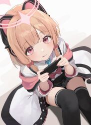 Rule 34 | 1girl, :q, absurdres, animal ear headphones, animal ears, black skirt, black thighhighs, blonde hair, blue archive, blue necktie, blush, bow, cat ear headphones, cellphone, collared shirt, fake animal ears, feet out of frame, from above, hair bow, halo, headphones, highres, holding, holding phone, irain ( irain ), jacket, long sleeves, looking at viewer, looking up, momoi (blue archive), necktie, phone, pleated skirt, red eyes, shirt, short hair, sitting, skirt, solo, suspenders, tail, thighhighs, tongue, tongue out, white jacket, white shirt