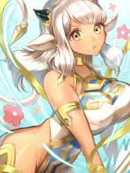Rule 34 | 1girl, animal ears, armband, ash (fire emblem), bare shoulders, breasts, choker, cow ears, cow girl, cow horns, cow tail, cowboy shot, dark-skinned female, dark skin, earrings, fire emblem, fire emblem heroes, flower, gold trim, groin, hair ornament, highres, horns, jewelry, large breasts, long hair, looking at viewer, nintendo, pelvic curtain, pout, pouty lips, solo, tail, v-shaped eyebrows, wide hips, yellow eyes, youhei choregi