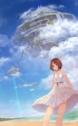 Rule 34 | 1girl, absurdres, bare legs, bare shoulders, beach, bird, birds, blue sky, blurry, blush, bow, brown eyes, brown hair, castle, cloud, cloudy sky, day, depth of field, dress, fantasy, floating island, highres, hoshimiya aki, landscape, lens flare, looking at viewer, ocean, open mouth, original, outdoors, outstretched arms, plant, pleated skirt, scenery, short hair, skirt, sky, solo, standing, tree, water, white dress