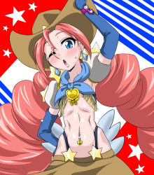 Rule 34 | 10s, 1girl, arm up, blue eyes, blush, bomber girls precure, brooch, brown skirt, cowboy hat, cowboy western, earrings, freckles, fringe trim, gloves, happinesscharge precure!, hat, heart, heart brooch, jewelry, long hair, magical girl, navel, navel piercing, one eye closed, piercing, precure, puffy short sleeves, puffy sleeves, red hair, red haired cure (bomber girls precure) (happinesscharge precure!), short sleeves, skirt, solo, sorano-umi, sweat, wink