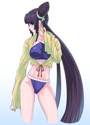 Rule 34 | 1girl, bikini, blue background, blue bikini, blue eyes, commentary request, contrapposto, cropped legs, fate/grand order, fate (series), gluteal fold, gradient background, green jacket, hair bun, highres, jacket, jellyring, long hair, long sleeves, looking at viewer, open clothes, open jacket, profile, purple hair, side ponytail, simple background, single hair bun, sleeves past wrists, smile, solo, standing, swimsuit, ushiwakamaru (fate), ushiwakamaru (fate/grand order), ushiwakamaru (swimsuit assassin) (fate), ushiwakamaru (swimsuit assassin) (first ascension) (fate), very long hair, white background