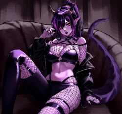 Rule 34 | 1girl, absurdres, black collar, black hair, black jacket, black lips, black nails, black thighhighs, breasts, collar, colored skin, commentary, couch, dragon girl, dragon horns, dragon tail, ear piercing, english commentary, fingernails, fishnets, garter belt, goblewd, highres, horns, jacket, long fingernails, long hair, medium breasts, multicolored hair, navel, nose piercing, on couch, open clothes, open jacket, original, piercing, pointy ears, ponytail, purple hair, purple skin, red eyes, sharp fingernails, skindentation, spiked collar, spikes, tail, thigh strap, thighhighs, two-tone hair