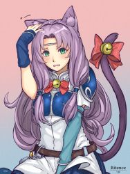 Rule 34 | 1girl, animal ear fluff, animal ears, armor, artist name, bell, belt, blush, bow, bracelet, breastplate, brown belt, cat ears, cat tail, fire emblem, fire emblem: the blazing blade, florina (fire emblem), green eyes, hand on own head, highres, jewelry, long hair, nintendo, open mouth, purple hair, red bow, ritence, shoulder armor, solo, tail