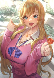 blonde_hair blue_eyes bow candy food gedou_hakurou idolmaster idolmaster_cinderella_girls lollipop looking_at_viewer ohtsuki_yui open_mouth pink_shirt shirt smile