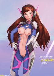 Rule 34 | 1girl, absurdres, artist name, bandaid, bandaid on pussy, bodysuit, breasts, brown eyes, brown hair, character name, d.va (overwatch), facial mark, gradient background, headphones, highres, long hair, looking at viewer, navel, nipples, open mouth, overwatch, overwatch 1, parted lips, solo, torn clothes