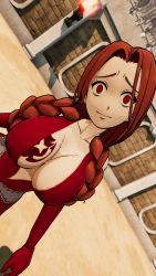Rule 34 | 1girl, 3d, absurdres, ass, bare shoulders, braid, breasts, cleavage, cleavage cutout, clothing cutout, dress, evil, evil smile, expressionless, fairy tail, female focus, flare corona, highres, large breasts, long hair, looking at viewer, pale skin, red dress, red eyes, red hair, scar, shaded face, smile, solo, tattoo, thick thighs, thighs, third-party edit, threatening, twin braids, twisted torso