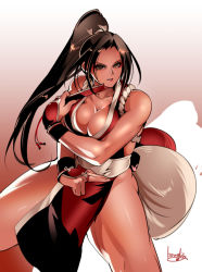 Rule 34 | 1girl, bowalia, breasts, brown eyes, brown hair, cleavage, folded fan, collarbone, fatal fury, fighting stance, fingers together, folding fan, hand fan, high ponytail, japanese clothes, large breasts, long hair, ninja, obi, parted lips, pelvic curtain, ponytail, revealing clothes, rope, sash, shiranui mai, solo, the king of fighters, thighs