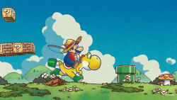 Rule 34 | 1boy, ? block, blue eyes, blue overalls, boots, brown footwear, brown hair, bucket, cloud, facial hair, fishing rod, flower, from side, gloves, grass, green footwear, hat, highres, holding, holding fishing rod, mario, mario (series), mushroom, mustache, nintendo, official art, open mouth, outdoors, overalls, short hair, teeth, upper teeth only, warp pipe, white flower, white gloves, yoshi