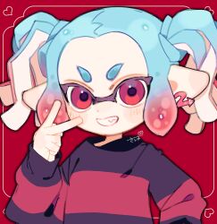 Rule 34 | 1girl, black sweater, blue hair, commentary request, gradient hair, highres, inkling, inkling girl, inkling player character, inset border, looking at viewer, medium hair, multicolored hair, nintendo, pointy ears, red background, red eyes, red hair, red sweater, sahata saba, simple background, smile, solo, splatoon (series), sweater, teeth, tentacle hair, thick eyebrows, twintails, two-tone hair, two-tone sweater, upper body, v