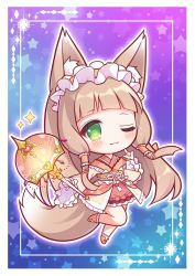 Rule 34 | 1girl, animal ear fluff, animal ears, blue background, blunt bangs, blush, border, chibi, commentary request, finger to cheek, fox ears, fox girl, fox tail, gradient background, green eyes, hair between eyes, holding, holding umbrella, japanese clothes, kimono, leg up, light brown hair, long sleeves, looking at viewer, maho (princess connect!), maid, maid headdress, obi, one eye closed, orange kimono, princess connect!, purple background, ryuuka sane, sash, solo, sparkle, star (symbol), starry background, tail, umbrella, wa maid, wide sleeves