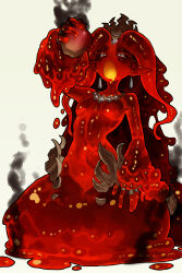 1girl absurdres apple breasts burning colored_skin crown earrings ekrea_jan food fruit highres holding holding_food holding_fruit jewelry lava liquid_hair long_hair midriff monster_girl multiple_rings navel necklace no_nipples open_mouth original pointy_ears red_skin ring simple_background slime_(creature) slime_(substance) slime_girl small_breasts smoke white_background white_eyes