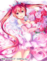 Rule 34 | 1girl, :d, ahoge, bare shoulders, blush, bouquet, breasts, bridal veil, cleavage, copyright name, cowboy shot, dress, elbow gloves, flower, gloves, hair ornament, head tilt, heart, heart hair ornament, highres, holding, holding bouquet, jewelry, key, large breasts, letter, light particles, long hair, looking at viewer, matsuuni, necklace, official art, open mouth, panties, pantyshot, pendant, petals, pink dress, pink flower, pink gloves, pink panties, pink rose, red eyes, red flower, red hair, red rose, rose, round teeth, seirei fantasia, smile, solo, standing, strapless, strapless dress, teeth, tiara, twintails, underwear, upskirt, veil, very long hair, wedding dress