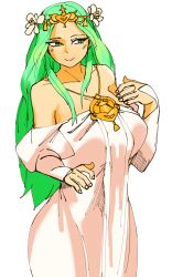 Rule 34 | 1girl, 3amsoda, absurdres, armpit crease, breasts, cleavage, commentary, curvy, dress, fire emblem, fire emblem: three houses, flower, green eyes, green hair, hair flower, hair ornament, highres, jewelry, large breasts, long hair, necklace, nintendo, rhea (fire emblem), simple background, smile, solo, tiara, white background, white dress