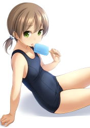 Rule 34 | 1girl, arm support, blue one-piece swimsuit, brown hair, cowboy shot, food, green eyes, hair bobbles, hair ornament, highres, looking at viewer, low twintails, old school swimsuit, one-piece swimsuit, original, popsicle, school swimsuit, shibacha, short hair, simple background, sitting, solo, swimsuit, tongue, tongue out, twintails, white background