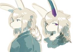 Rule 34 | 1girl, androgynous, rabbit, character sheet, female focus, furry, furry female, long hair, ponytail, purple eyes, sasamino, simple background, solo, upper body, white background, white hair