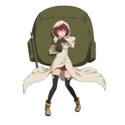 Rule 34 | 10s, 1girl, backpack, bag, black gloves, boots, bow (weapon), breasts, brown eyes, brown hair, crossbow, dungeon ni deai wo motomeru no wa machigatteiru darou ka, female focus, full body, gloves, hood, liliruca arde, looking at viewer, official art, oversized object, simple background, smile, solo, thighhighs, weapon