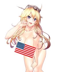 Rule 34 | 10s, 1girl, 846-gou, absurdres, american flag, bad id, bad twitter id, blonde hair, blue eyes, breasts, censored, cleavage, convenient censoring, headgear, highres, iowa (kancolle), kantai collection, large breasts, long hair, looking at viewer, censored nipples, novelty censor, nude, solo, star-shaped pupils, star (symbol), symbol-shaped pupils