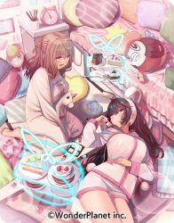 Rule 34 | 2girls, alice fiction, andromeda (alice fiction), aqua eyes, black hair, breasts, brown eyes, brown hair, cake, copyright name, food, large breasts, looking at another, misago (525), multiple girls, neu (alice fiction), official art, open mouth, pajamas, pillow, pink theme, smile, stuffed animal, stuffed toy, stuffed unicorn, unicorn, wavy hair