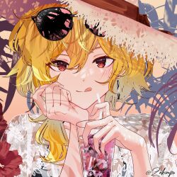 Rule 34 | 1girl, :q, blonde hair, closed mouth, cup, drink, drinking glass, drinking straw, ear piercing, female focus, fingernails, floral print, flower, hat, hibiscus, hibiscus print, highres, holding, holding drink, hololive, hololive indonesia, kaela kovalskia, looking at viewer, palm leaf, piercing, red eyes, smile, solo, straw hat, sunglasses, sunglasses on head, tongue, tongue out, tropical drink, upper body, virtual youtuber, zakimpo