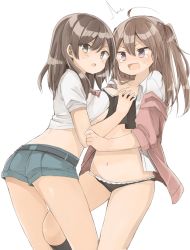 Rule 34 | 2girls, ^^^, ahoge, asymmetrical docking, bad id, bad twitter id, belt, black panties, blue eyes, blue shorts, blush, grabbing another&#039;s breast, breast press, breasts, brown hair, camisole, cardigan, clothes lift, collarbone, collared shirt, dress shirt, embarrassed, eyebrows, grabbing, hair between eyes, highres, long hair, looking at viewer, looking back, medium breasts, multiple girls, murakami meishi, navel, nose blush, off shoulder, open cardigan, open clothes, open mouth, open shirt, original, panties, purple eyes, shirt, shirt lift, shorts, sideboob, simple background, standing, sweatdrop, tears, two side up, underboob, underwear, wavy mouth, white background, white shirt, wing collar, yuri