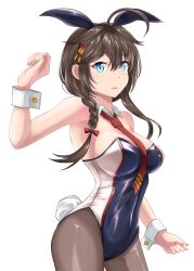 Rule 34 | 1girl, absurdres, adapted costume, ahoge, alternate costume, animal ears, between breasts, black hair, black leotard, black pantyhose, blue eyes, braid, breasts, detached collar, hair ornament, hair over shoulder, highres, kantai collection, large breasts, leotard, long hair, necktie, necktie between breasts, nipa (graf xsr900), pantyhose, playboy bunny, rabbit ears, rabbit tail, red necktie, shigure (kancolle), shigure kai san (kancolle), simple background, solo, standing, strapless, strapless leotard, tail, two-tone leotard, white background, wrist cuffs