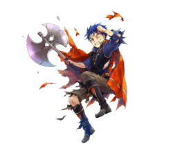 Rule 34 | 1boy, aged down, axe, black footwear, blue eyes, blue hair, broken, broken weapon, brown pants, cape, clenched teeth, collarbone, damaged, fire emblem, fire emblem: the blazing blade, fire emblem heroes, hagiya kaoru, hector (fire emblem), holding, holding axe, male focus, matching hair/eyes, nintendo, official alternate costume, official art, one eye closed, pants, red cape, solo, teeth, torn cape, torn clothes, v-shaped eyebrows, weapon, wince
