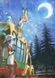 Rule 34 | 10s, 1other, 2girls, animal ears, backpack, bag, bare shoulders, black hair, black legwear, blonde hair, bow, bowtie, bucket hat, cat ears, cat tail, creature, crescent moon, elbow gloves, forest, gloves, hat, hat feather, highres, japari bus, kaban (kemono friends), kemono friends, li (lithium0522), lucky beast (kemono friends), moon, multiple girls, nature, night, night sky, on vehicle, outdoors, pointing, pointing up, serval (kemono friends), serval print, serval tail, short hair, shorts, sitting, skirt, sky, standing, star (sky), starry sky, tail, thighhighs, tree, zettai ryouiki