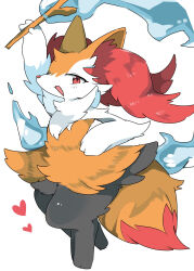 Rule 34 | 1girl, :3, animal ear fluff, animal ears, animal nose, arm up, black fur, blue fire, body fur, braixen, creatures (company), female focus, fire, flat chest, fox ears, fox girl, fox tail, full body, furry, furry female, game freak, gen 6 pokemon, hand on own hip, happy, heart, higetsu rin, highres, holding, holding stick, looking at viewer, multicolored fur, neck fur, nintendo, open mouth, pokemon, pokemon (creature), red eyes, sideways mouth, smile, snout, solo, standing, stick, tail, thick thighs, thighs, white background, white fur, wide hips, yellow fur