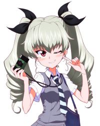 Rule 34 | 1girl, ;), anchovy (girls und panzer), bag, black neckwear, black ribbon, bracelet, camera, casual, closed mouth, collared shirt, commentary, diagonal-striped clothes, diagonal-striped necktie, diagonal-striped neckwear, drill hair, girls und panzer, green hair, grey vest, grin, hair ribbon, hairband, handbag, holding, holding camera, jewelry, kayabakoro, long hair, looking at viewer, necktie, official alternate costume, one eye closed, pointing, pointing at self, red eyes, ribbon, shirt, short sleeves, simple background, smile, smirk, solo, standing, striped clothes, striped neckwear, twin drills, twintails, vest, white background, white shirt, wing collar