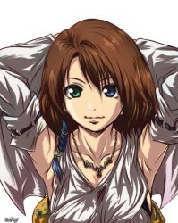 Rule 34 | 00s, 1girl, armpits, arms behind head, arms up, bad id, bad pixiv id, blue eyes, brown hair, detached sleeves, final fantasy, final fantasy x, green eyes, hair ornament, heterochromia, jewelry, madhatter hello, necklace, short hair, solo, yuna, yuna (ff10)