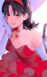 Rule 34 | 1girl, absurdres, bare shoulders, black hair, blood, blood on face, blood on hands, breasts, brown eyes, cleavage, dress, elbow gloves, english text, gloves, hairband, highres, kirigoe mima, looking at viewer, medium breasts, medium hair, perfect blue, red dress, red hairband, smile, solo, white gloves, yumari nakura