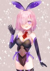 Rule 34 | 1girl, :d, absurdres, adapted costume, animal ears, black gloves, black leotard, black thighhighs, blush, breasts, cleavage, covered navel, cowboy shot, detached collar, elbow gloves, fake animal ears, fate/grand order, fate (series), frilled leotard, frills, gloves, grey background, hair over one eye, hairband, harukappa, highleg, highleg leotard, highres, large breasts, leotard, looking at viewer, mash kyrielight, medium hair, necktie, open mouth, pink eyes, pink hair, purple hairband, rabbit ears, red necktie, short necktie, smile, solo, standing, strapless, strapless leotard, thigh gap, thighhighs, wing collar