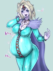 Rule 34 | 1girl, artist request, blonde hair, bodysuit, breasts, cleavage, colored skin, dragon quest, dragon quest xi, green eyes, hand on own hip, krystalinda, large breasts, lips, lislette (dq11), lizlette, long hair, looking down, open mouth, purple background, raised eyebrows, smile, solo, stomach bulge, tongue, tongue out, vore, white skin