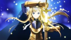 Rule 34 | 1girl, alice zuberg, arm up, armor, blonde hair, blue background, blue cape, blue eyes, cape, floating hair, game cg, gauntlets, glowing, gold armor, hair ribbon, hairband, holding, holding sheath, holding sword, holding weapon, long hair, looking at viewer, ribbon, sheath, solo, sword, sword art online, unsheathing, upper body, very long hair, weapon, white hairband, white ribbon