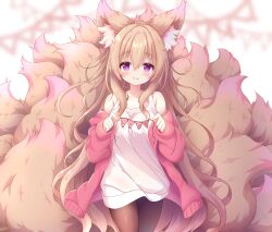 Rule 34 | 1girl, absurdres, animal ear fluff, animal ears, bare shoulders, black pantyhose, breasts, cardigan, fox ears, fox girl, fox tail, highres, komuginyan, light brown hair, long hair, long shirt, long sleeves, looking at viewer, medium breasts, multiple tails, no pants, off shoulder, open cardigan, open clothes, original, pantyhose, pink cardigan, purple eyes, shirt, sleeveless, sleeveless shirt, tail, too much fluff, very long hair, white shirt