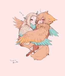 Rule 34 | 2girls, animal ears, bachikin (kingyo155), bird legs, blue feathers, blush, brown background, brown feathers, cat ears, closed eyes, cuddling, feathers, harpy, highres, hybrid, long hair, monster girl, multiple girls, open mouth, original, short hair, simple background, squeans, sleeping, winged arms, wings, zzz